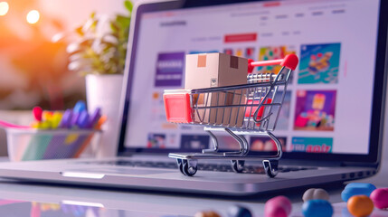 E-commerce Website Design on Laptop. A laptop screen displaying an e-commerce website design process, featuring miniature shopping cart and product boxes, highlighting online retail, Digital Marketing