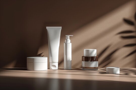 3D rendering of white cosmetic products on beige and brown background, palm leaves, mockup, cosmetic creams of different types