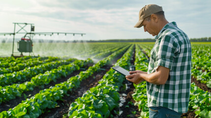 Farmer Using Tablet in Irrigated Field. A farmer using a tablet to monitor crop growth and irrigation in a green, well-maintained field, representing modern agriculture and technology integration.