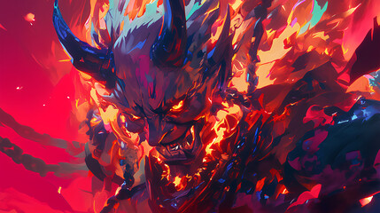 japanese oni demon chained in fire red