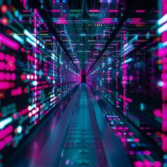 Fototapeta premium Mysterious neon matrix with high-tech scientific algorithms and deep electronic patterns.