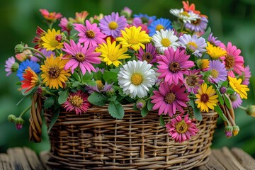 beautiful colorful flowers in wooden basket professional advertising food photography