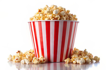 Popcorn in a paper striped white-red cup on a white background, isolate
