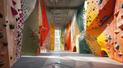 Indoor artificial rock climbing walls with colored holds , no people.