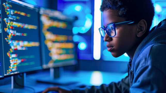 Teenager at Cyber Security Camp. A focused teenager attends a cyber security camp, learning coding and security protocols on multiple screens in a high-tech environment.