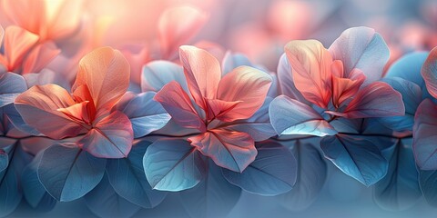 Fototapeta premium Beautiful floral design featuring leaves with a gradient from pink to blue, highlighting intricate details and a peaceful, artistic ambiance.