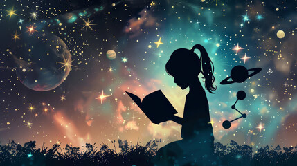 A silhouette of a girl reading under a starry sky