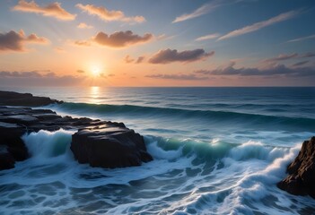 Obraz premium sunset over the sea, sand beach, summer day, some clouds, pink light