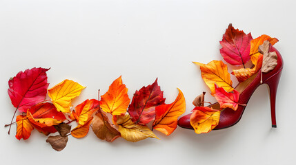 Obraz premium High heel with autumn leaves around, background photo, minimalism. Fall fashion concept with copy space. 