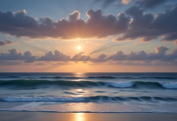 Fototapeta premium sunset over the sea, sand beach, summer day, some clouds, pink light
