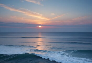 Fototapeta premium sunset over the sea, sand beach, summer day, some clouds, pink light