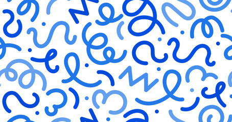 Blue squiggle kids line pattern. Vector abstract seamless background with chaotic curves. Wallpaper, textile, wrapping paper with dynamic playful ornament or print exudes sense of movement and energy