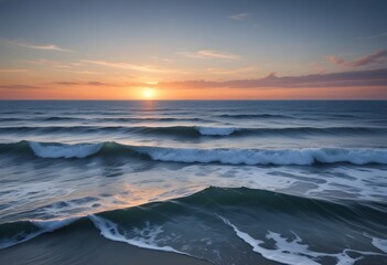 Obraz premium sunset over the sea, sand beach, summer day, some clouds, pink light