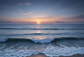 Obraz premium sunset over the sea, sand beach, summer day, some clouds, pink light