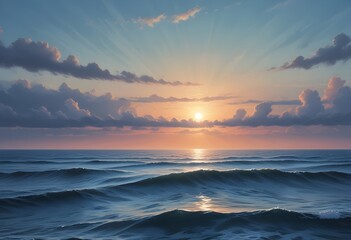 Fototapeta premium sunset over the sea, sand beach, summer day, some clouds, pink light