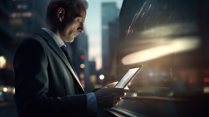 Businessman using tablet at night in city
