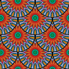 Colorful embroidery round floral mandalas seamless pattern. Motley ornamental vector background. Ethnic textured endless fabric pattern. Hand drawn patterned embroidered flowers abstract ornaments