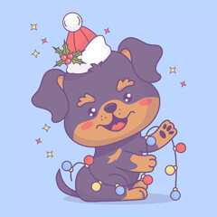 Fototapeta premium Christmas dog Rottweiler in hat with holly and with festive garland. Cute cartoon kawaii character animal. Vector illustration. Kids collection