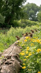 Fototapeta premium A group of four young Asian palm civets are playing on a fallen log in a field of wildflowers