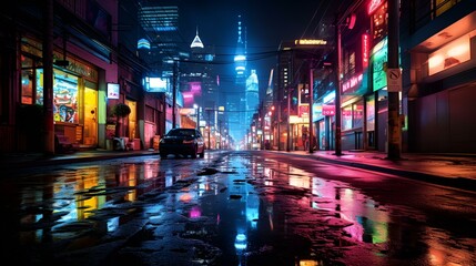 A vibrant city street at night, illuminated by colorful neon lights, creating a captivating and lively atmosphere.

