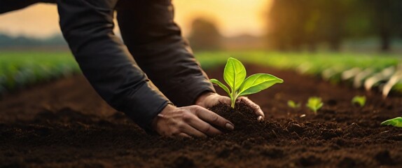 Expert hand of farmer checking soil health before growth a seed of vegetable or plant seedling, Business or ecology concept, analyze complex data sets in real-time, with a digital interface overlaid o