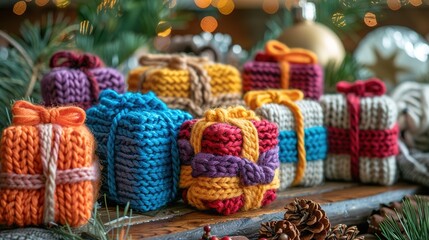 Fototapeta premium Holiday Collection of Knitted Gifts in Festive Packaging with Summer Decor Background
