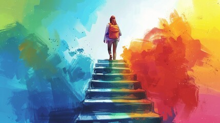 Vector illustration of a successful woman advancing through education levels.