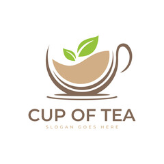Tea in a cup logo design. Minimalist tea cup and green leaf combination.