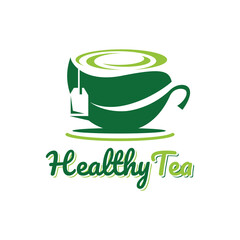 Tea in a cup logo design. Minimalist tea cup and green leaf combination.