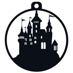 A silhouette of a castle or palace with multiple towers and spires inside a circular ornament