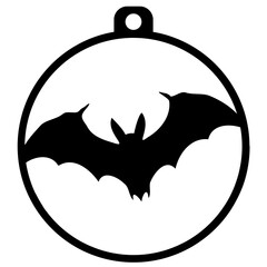 A black silhouette of a bat inside a circular frame, against a white background