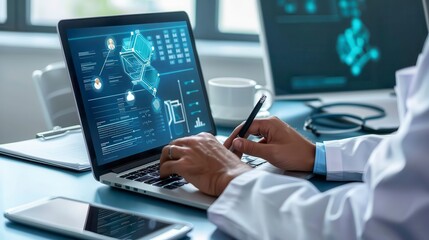 Doctor using a laptop with a medical interface.