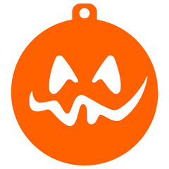 An orange pumpkin-shaped ornament with a carved spooky face