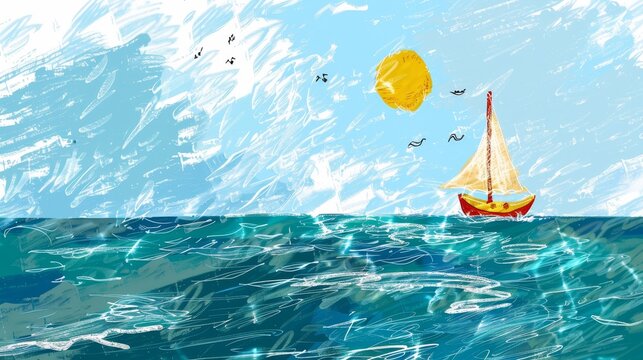 Sea in child drawing style with ecoline graphic texture.