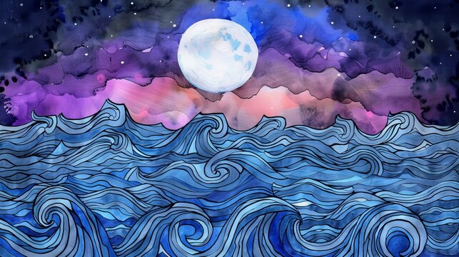 Sea illustration in child drawing style with ecoline and graphic textures.