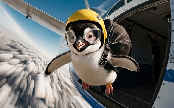 Penguin jumping out of a plane to go skydiving with blurred fluffy clouds below.