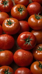 Various ripe tomatoes on red background, cooking concept, vegetables.