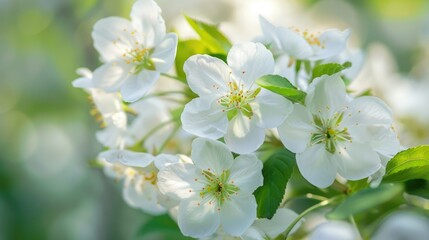 Blooming garden with white cherry blossoms in spring
