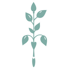 A minimalist botanical illustration featuring a simple plant with green leaves and a downward pointing arrow shape