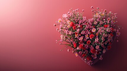 Obraz premium A heart-shaped gift box with flowers, perfect for Valentine's Day, Christmas, birthdays, and Mother's Day. Features space for text. Minimalist design for various celebrations.