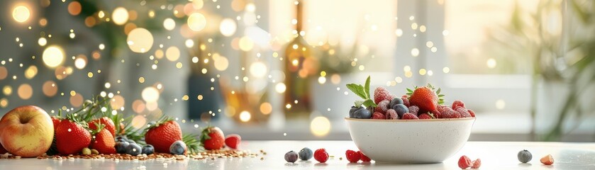Bowl of fresh berries on a table with bokeh lights