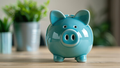 Fototapeta premium A blue piggy bank sits on a wooden table