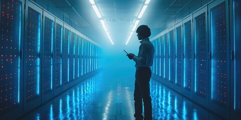Network Engineer IT technician Monitoring Data in futuristic Server Room, ai