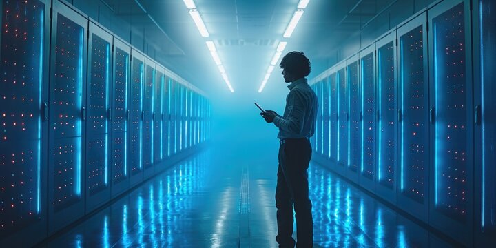 Network Engineer IT technician Monitoring Data in futuristic Server Room, ai
