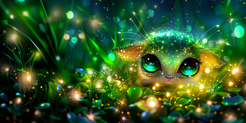 Cute cartoon fantastic green cat, cute little magical beast in the meadow, beautiful postcard