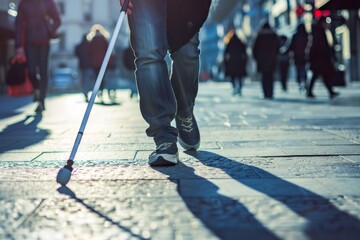 Visually impaired individual on sidewalk with white cane