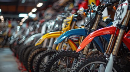 A store sells motocross motorcycles in different colors