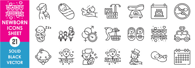 A set of line icons related to newborn and baby. Baby shower, mother, infant, weigh, birth control, father, boy, girl, parents and so on. Vector outline icons set.
