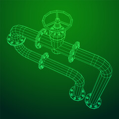 Oil pipeline with valve. Petrol production. Petroleum fuel industry transportation line. Wireframe low poly mesh vector illustration