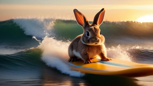 The hare is surfing on the waves. Relaxation, rest, cartoon, animation.